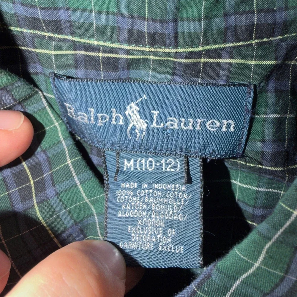 Ralph Lauren Kids Green Navy Plaid Button Down Shirt M 10-12 323141882